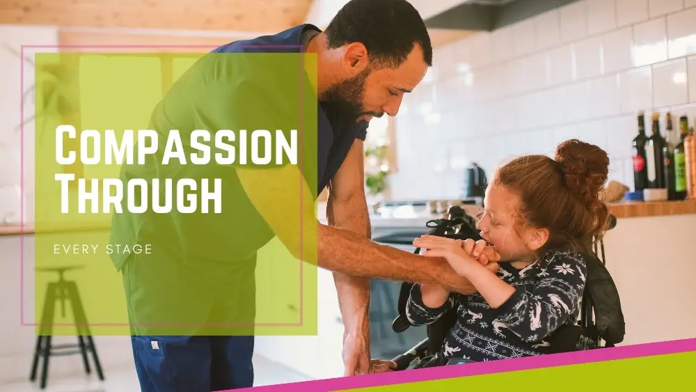 Caregiver supporting a young girl in a wheelchair at home, representing compassion through the 5 stages of palliative care.