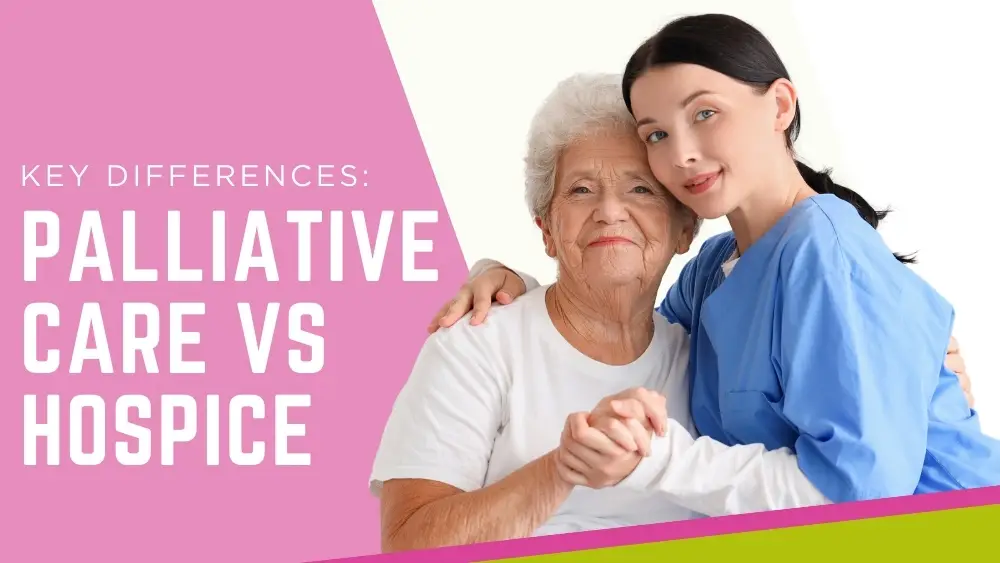 Smiling nurse embraces elderly woman while highlighting the key differences between Palliative Care vs Hospice, symbolising compassionate support and care decision-making.