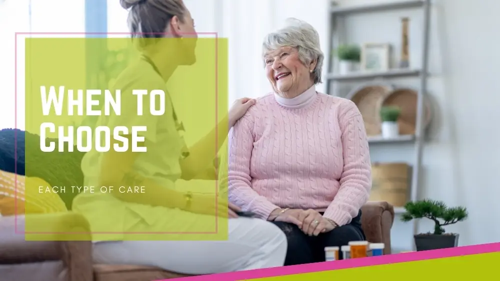 Happy elderly woman chatting with a caregiver at home, illustrating guidance on when to choose different care options including Palliative Care vs Hospice.